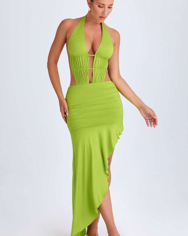 Lime Green Asymmetric Cut-Out Halterneck Midaxi Dress