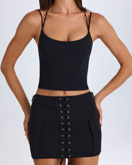 Black Lace-Up Cargo Micro Mini Skirt