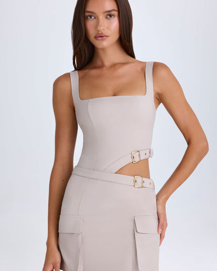 Taupe Belted Cut-Out Mini Dress