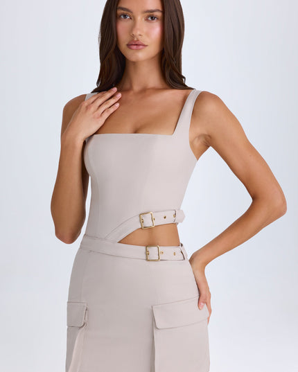 Taupe Belted Cut-Out Mini Dress