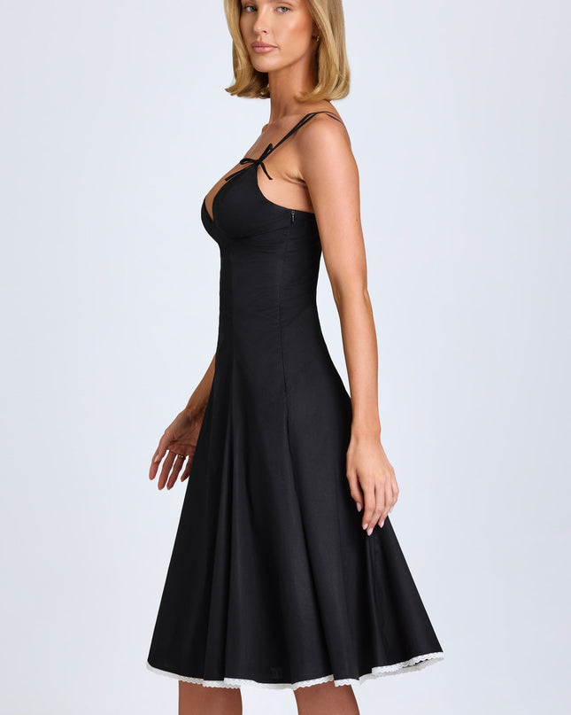 Black Bow-Detail A-Line Midi Dress