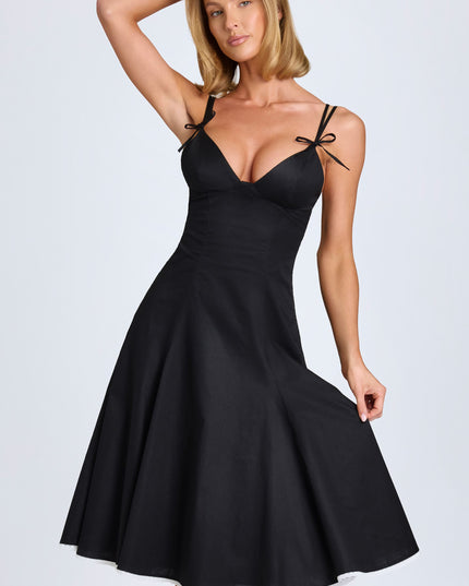 Black Bow-Detail A-Line Midi Dress