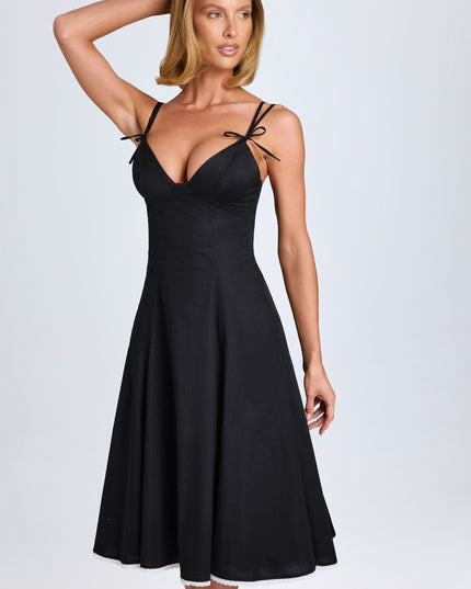 Black Bow-Detail A-Line Midi Dress