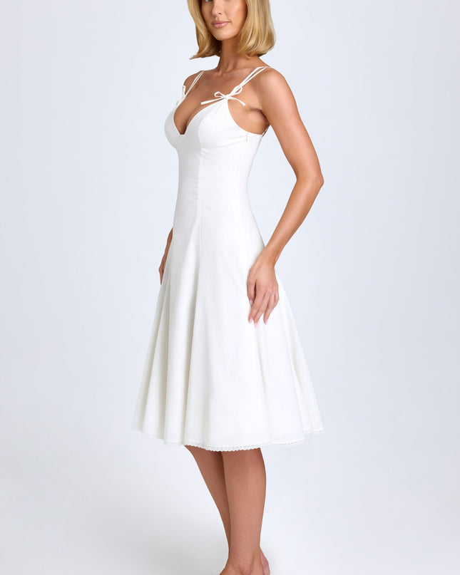 White Bow-Detail A-Line Midi Dress