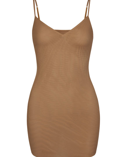 Almond Soft Mesh V-Neck Mini Slip Dress