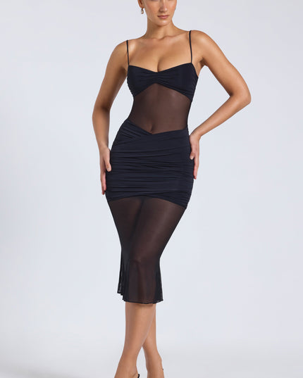 Black Sheer Panelled Draped Midaxi Dress