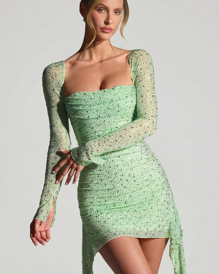 Pistachio Embellished Draped Cowl-Neck Mini Dress