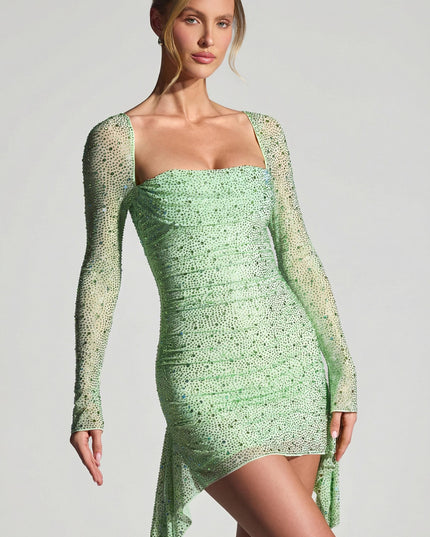 Pistachio Embellished Draped Cowl-Neck Mini Dress