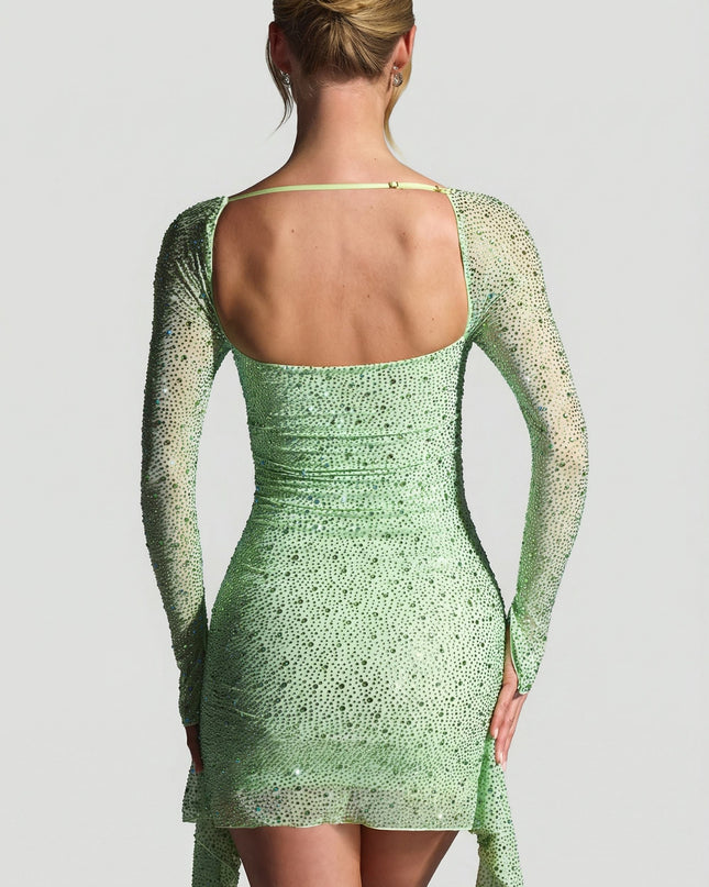 Pistachio Embellished Draped Cowl-Neck Mini Dress