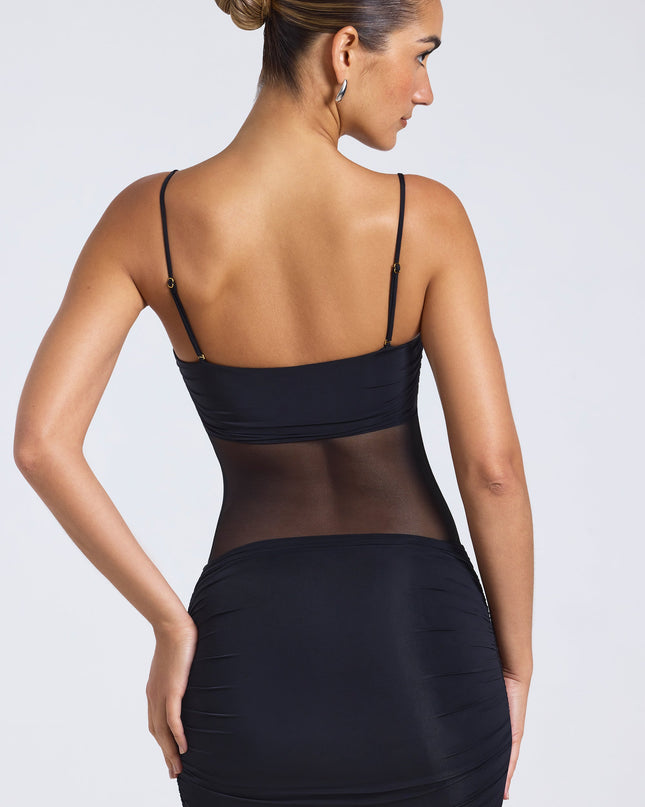 Black Sheer Panelled Ruched Mini Dress