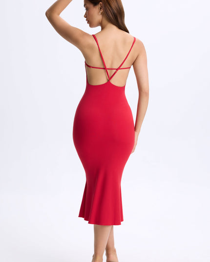 Cherry Red Modal Plunge Open-Back Midaxi Dress