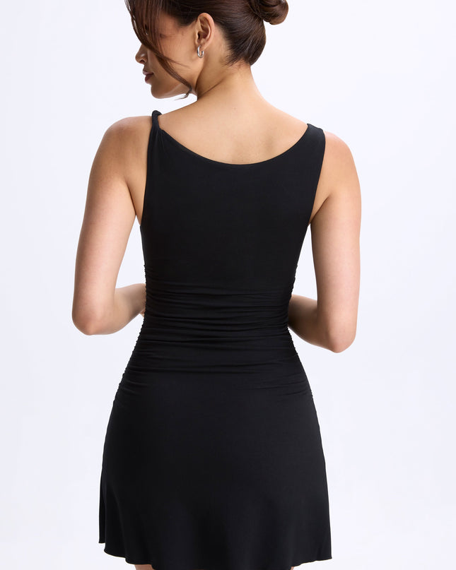 Black Modal Ruched A-Line Micro Mini Dress