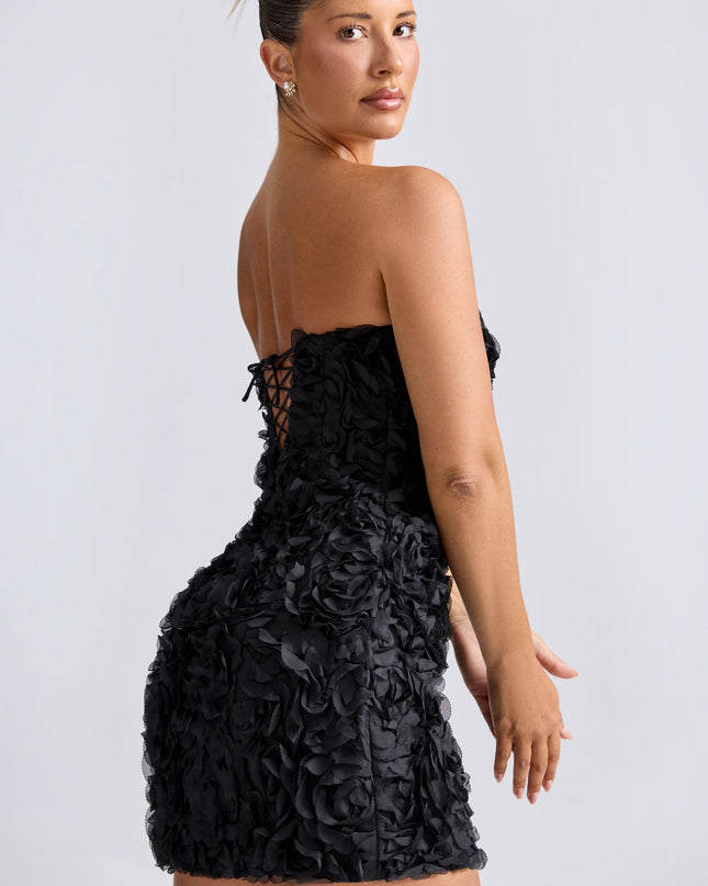 Black Floral-Appliqué Bandeau A-Line Mini Dress