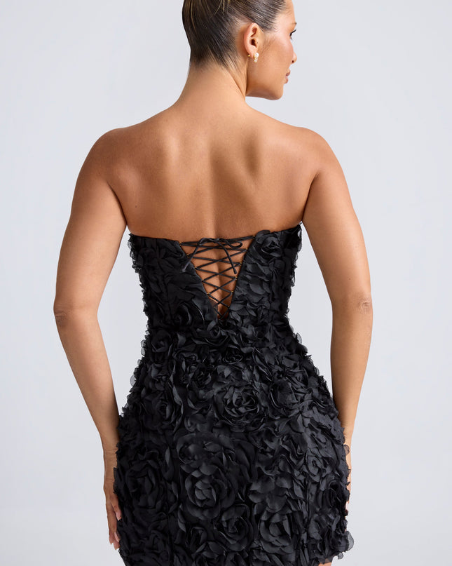 Black Floral-Appliqué Bandeau A-Line Mini Dress