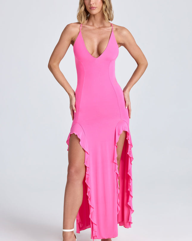 Lollipop Pink Ruched Ruffle-Trim Maxi Dress