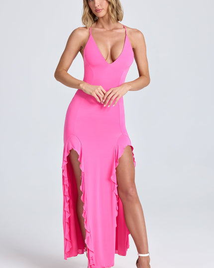 Lollipop Pink Ruched Ruffle-Trim Maxi Dress