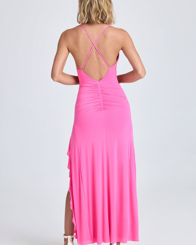 Lollipop Pink Ruched Ruffle-Trim Maxi Dress