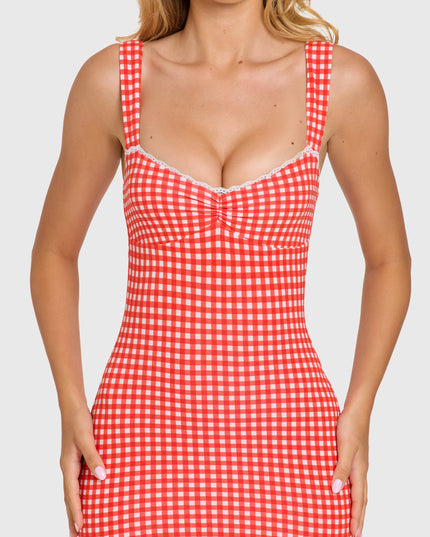 Red Gingham Modal Lace-Trim Midaxi Dress