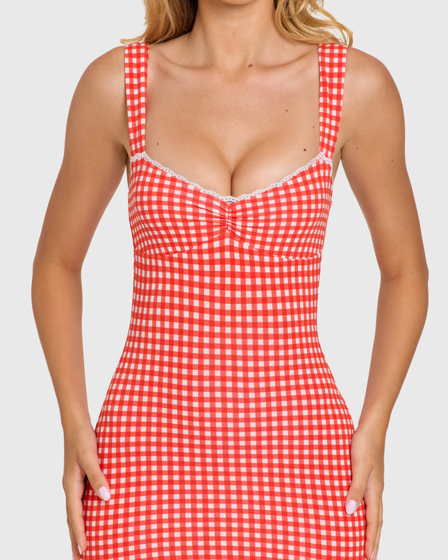 Red Gingham Modal Lace-Trim Midaxi Dress