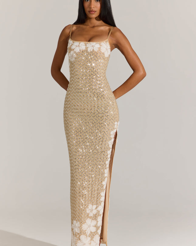 Gold Embellished Square-Neck Maxi Dress