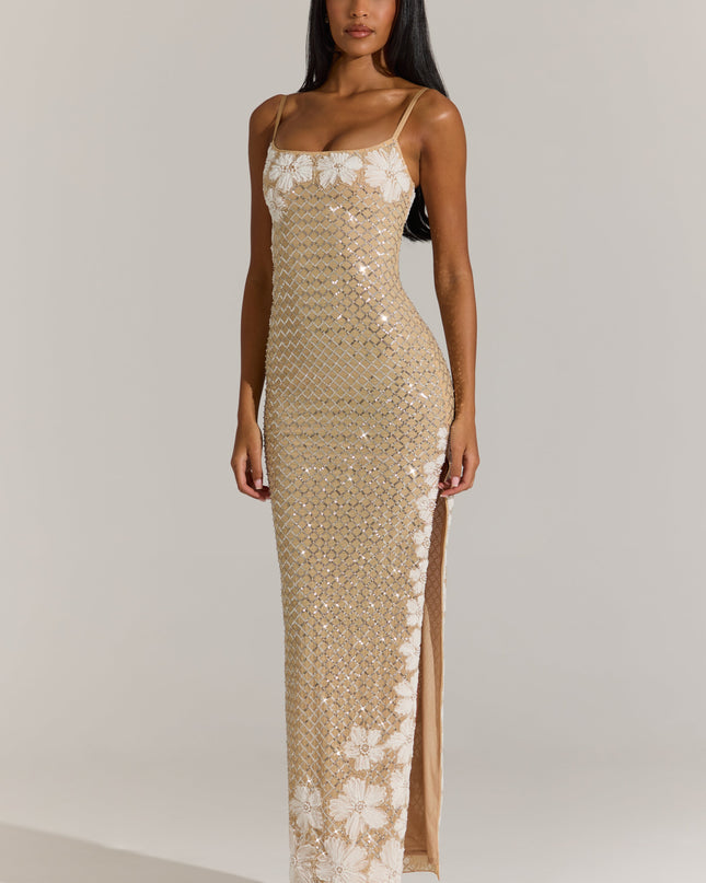 Gold Embellished Square-Neck Maxi Dress