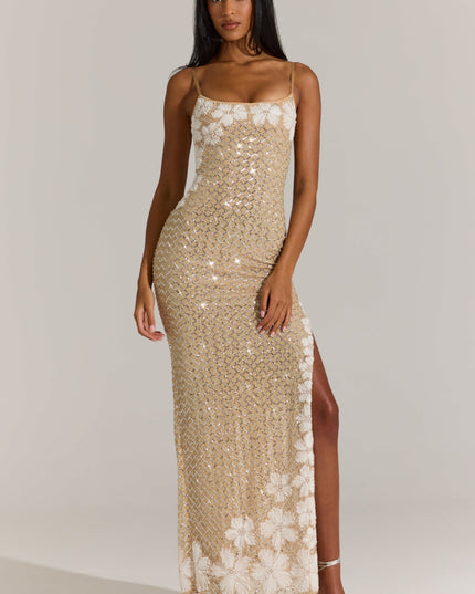 Gold Embellished Square-Neck Maxi Dress