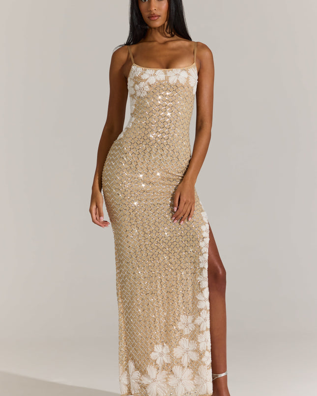 Gold Embellished Square-Neck Maxi Dress