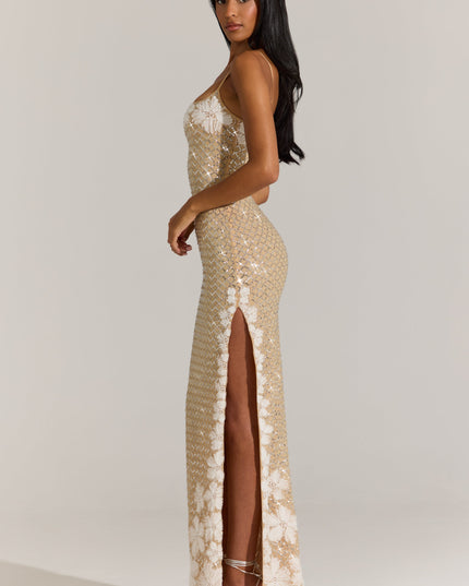 Gold Embellished Square-Neck Maxi Dress