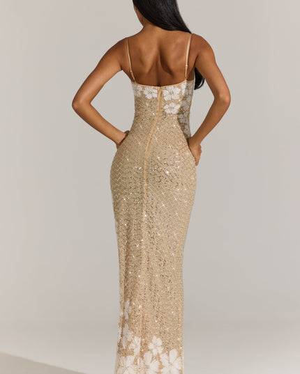 Gold Embellished Square-Neck Maxi Dress