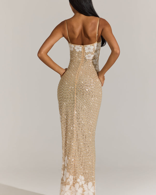 Gold Embellished Square-Neck Maxi Dress