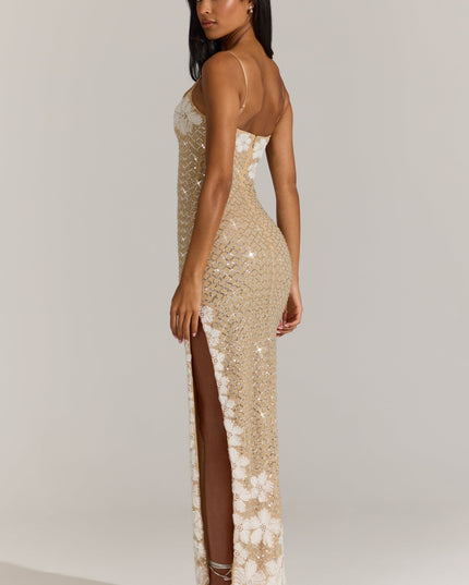 Gold Embellished Square-Neck Maxi Dress