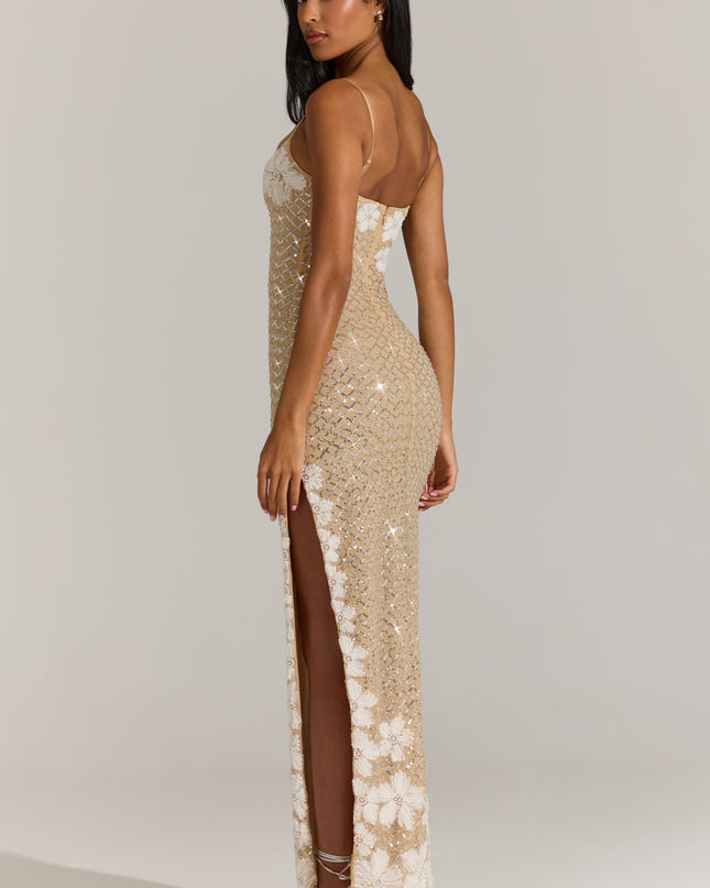 Gold Embellished Square-Neck Maxi Dress