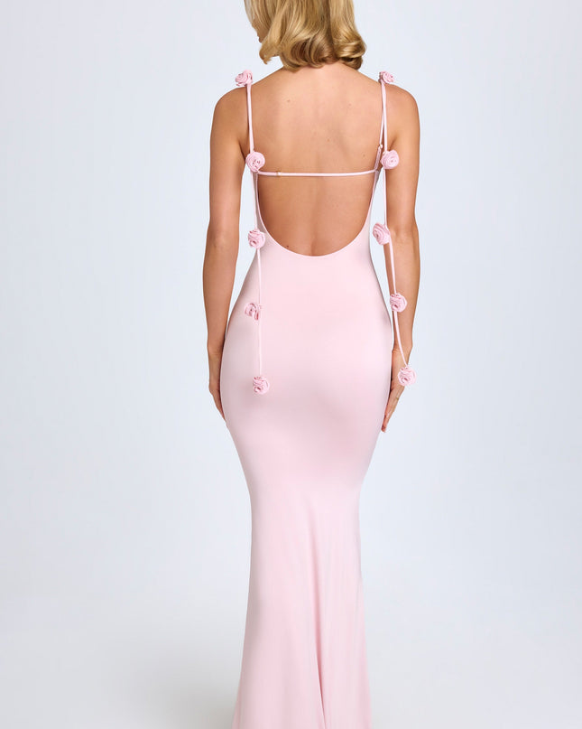 Blush Slinky Jersey Floral-Appliqué Gown