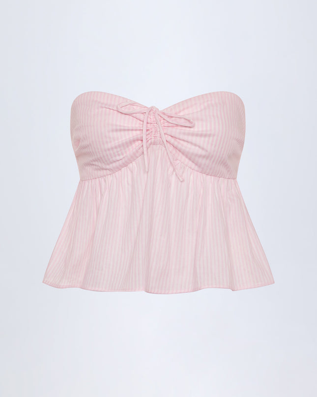 Pink White Stripe Tie-Front Strapless Cotton-Poplin Crop Top