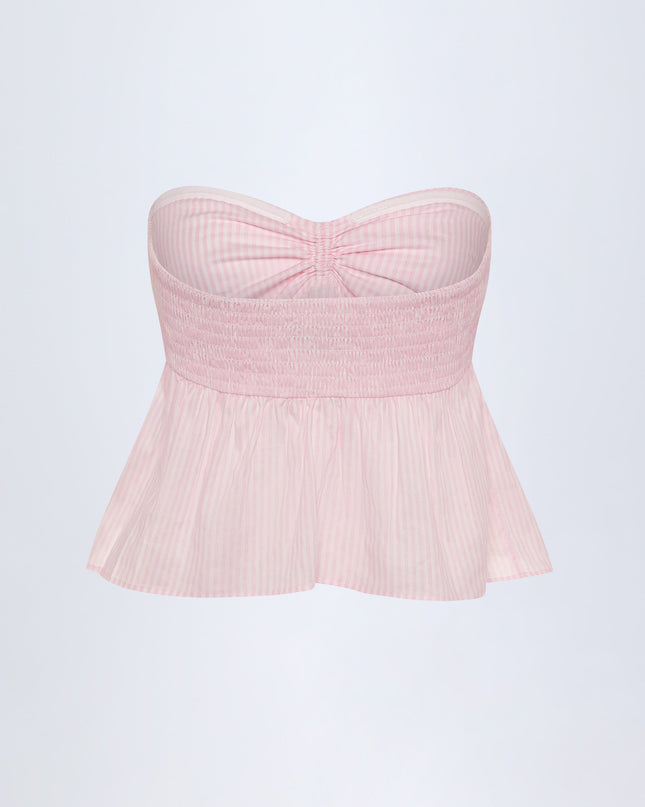 Pink White Stripe Tie-Front Strapless Cotton-Poplin Crop Top
