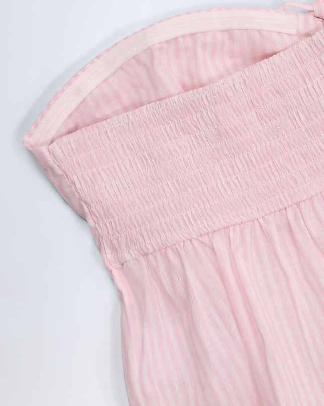 Pink White Stripe Tie-Front Strapless Cotton-Poplin Crop Top