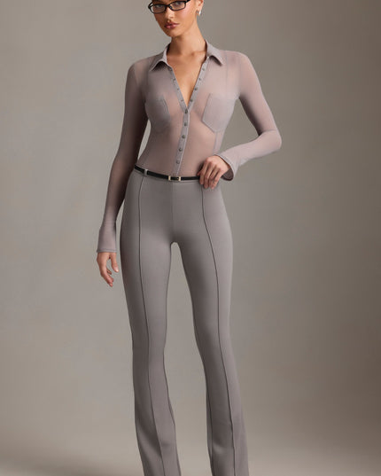 Grey Low-Rise Flared Trousers