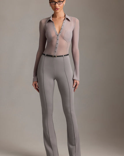 Grey Low-Rise Flared Trousers