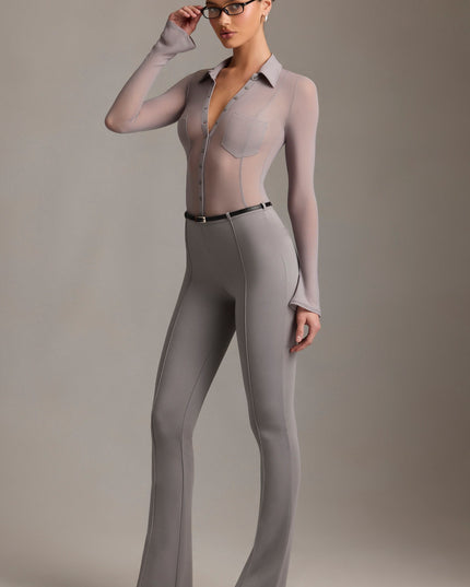 Grey Low-Rise Flared Trousers