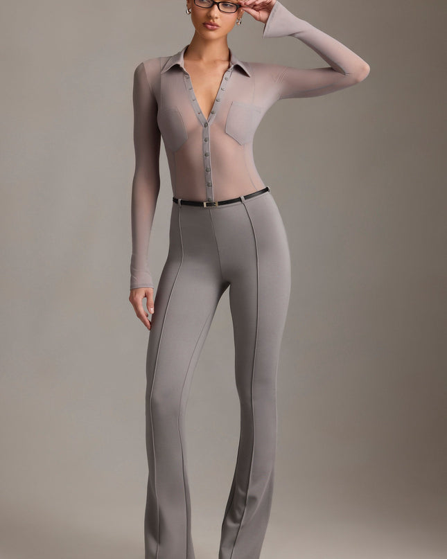 Grey Low-Rise Flared Trousers