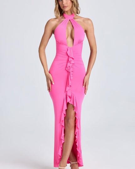Lollipop Pink Ruffle-Trim Halterneck Gown