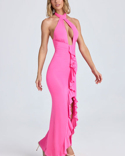 Lollipop Pink Ruffle-Trim Halterneck Gown