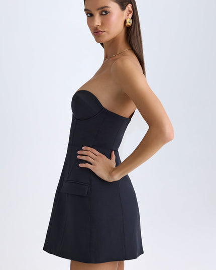 Black Strapless Structured Tulip Mini Dress