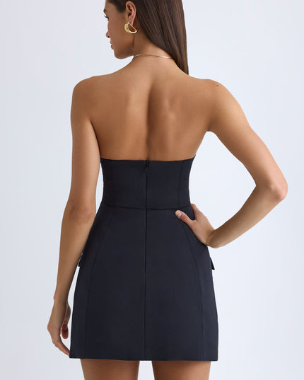 Black Strapless Structured Tulip Mini Dress
