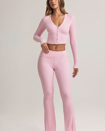 Pastel Pink Modal Foldover Mid-Rise Flared Trousers