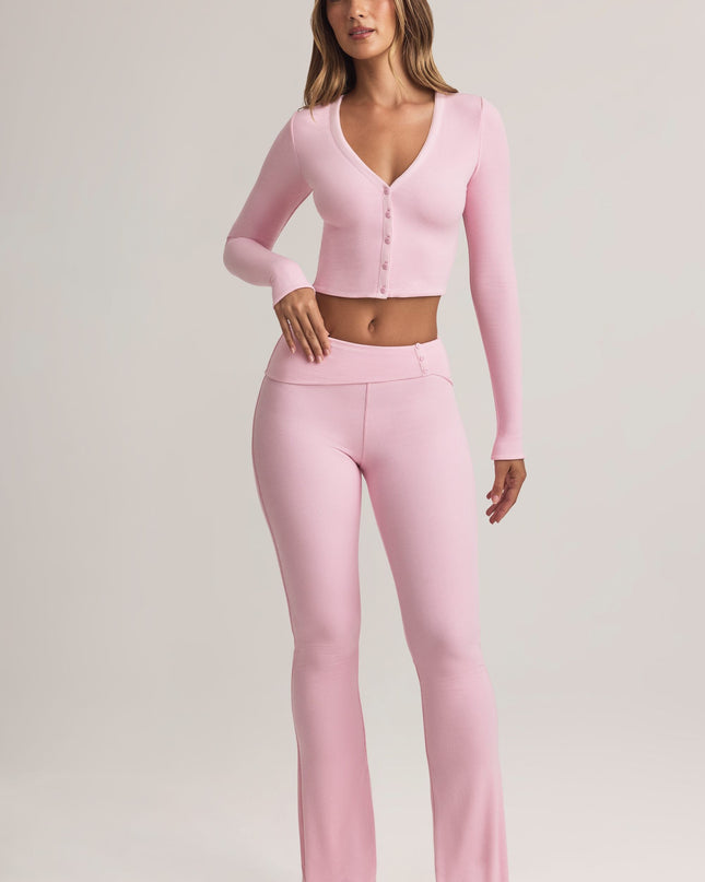 Pastel Pink Modal Foldover Mid-Rise Flared Trousers