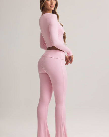Pastel Pink Modal Foldover Mid-Rise Flared Trousers