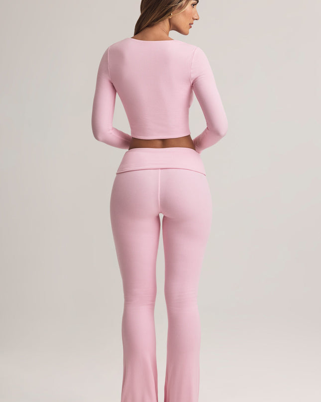 Pastel Pink Modal Foldover Mid-Rise Flared Trousers