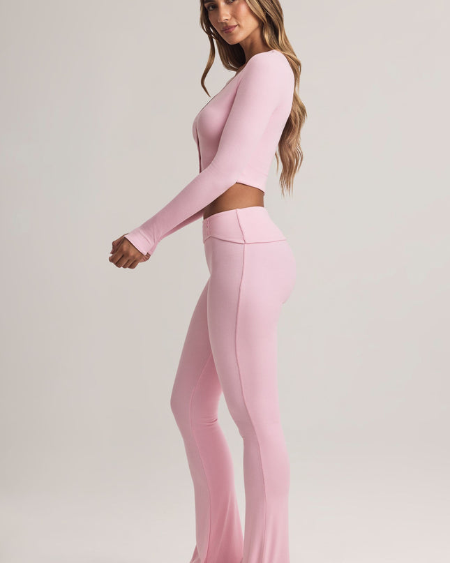 Pastel Pink Modal Foldover Mid-Rise Flared Trousers