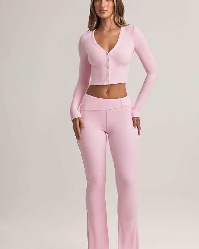 Pastel Pink Modal Foldover Mid-Rise Flared Trousers